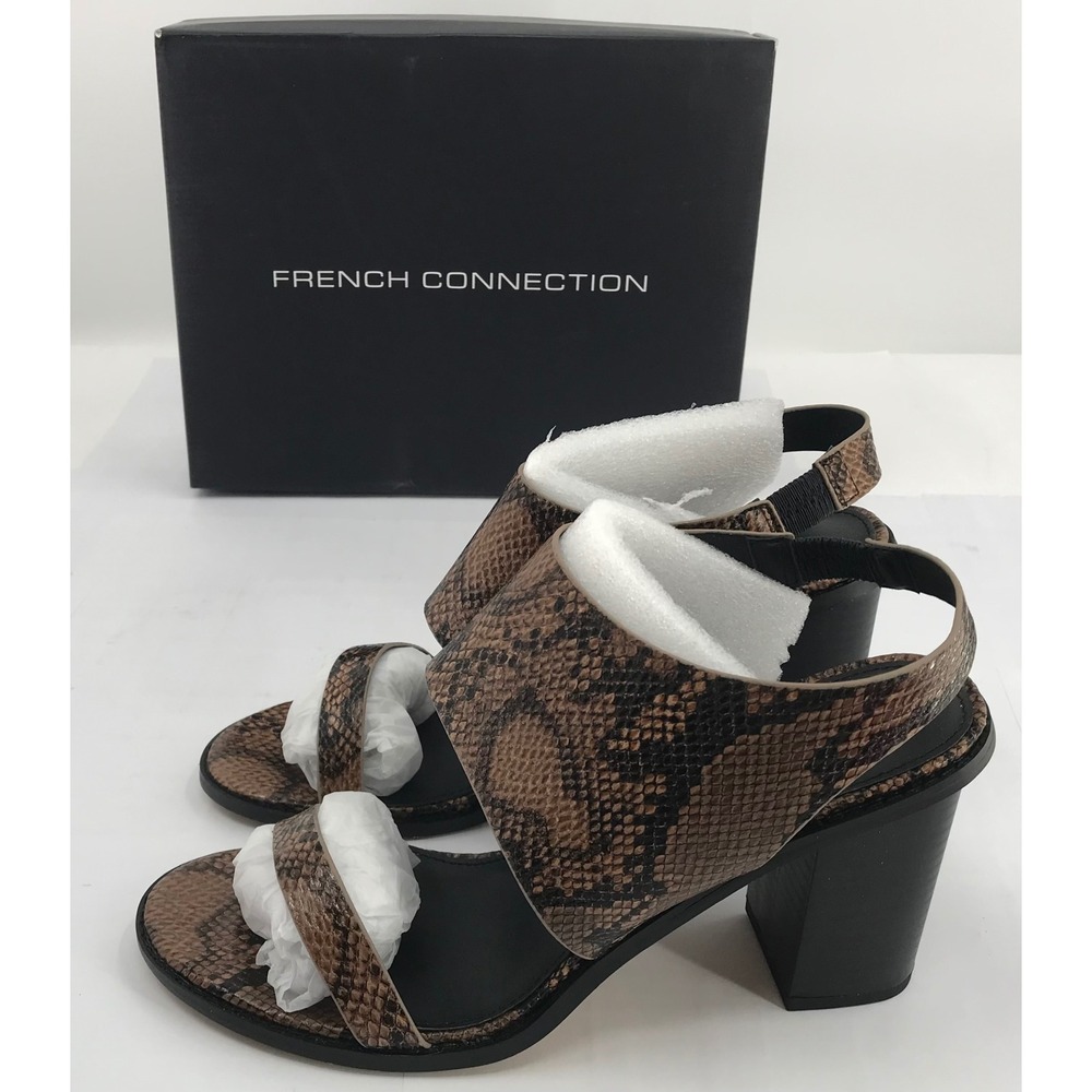 French Connection Lori‎ Snakeskin Print Block Heel Sandals Brown Black Size 9